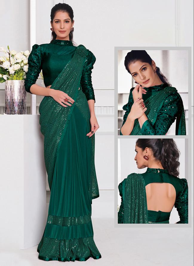 Lycra Green Wedding Wear Embroidery Work Ready To Wear Saree